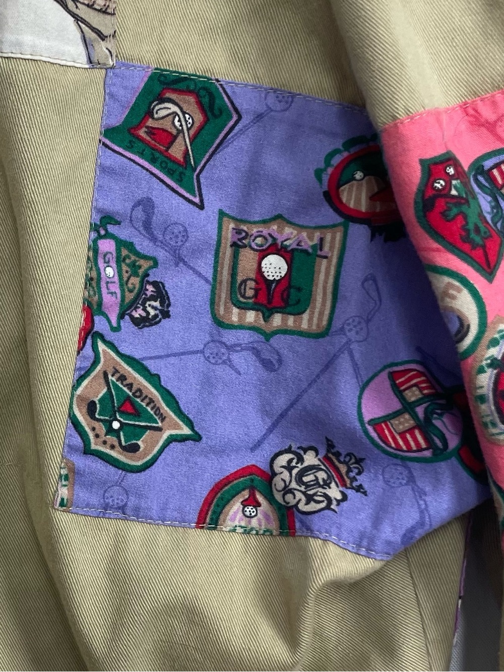 PatchIt Golf Print Patchwork Khaki Cotton Shorts Size Large Funky Retro - Picture 10 of 14
